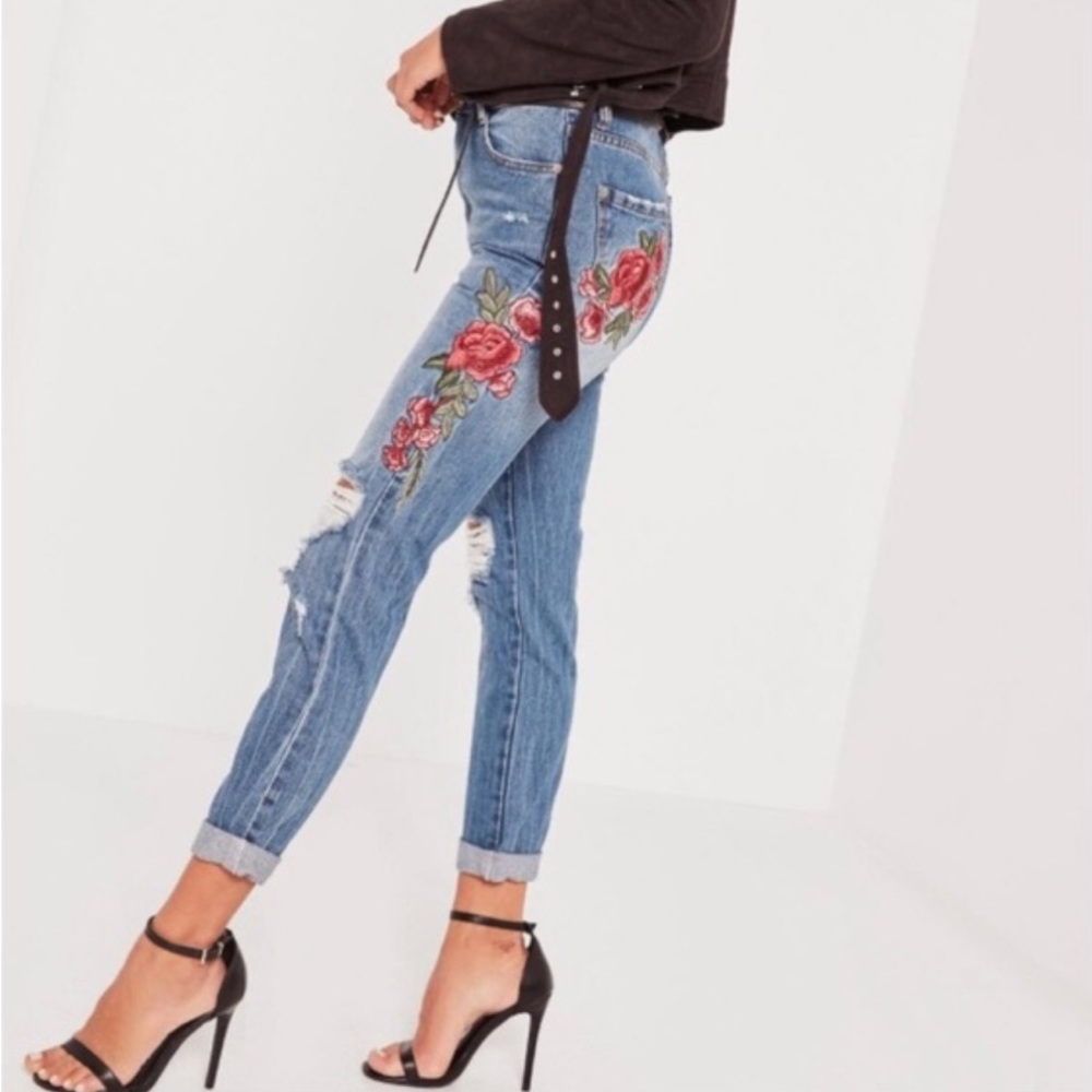 Missguided | Riot | Embroidered High Rise Distressed Mom Jeans